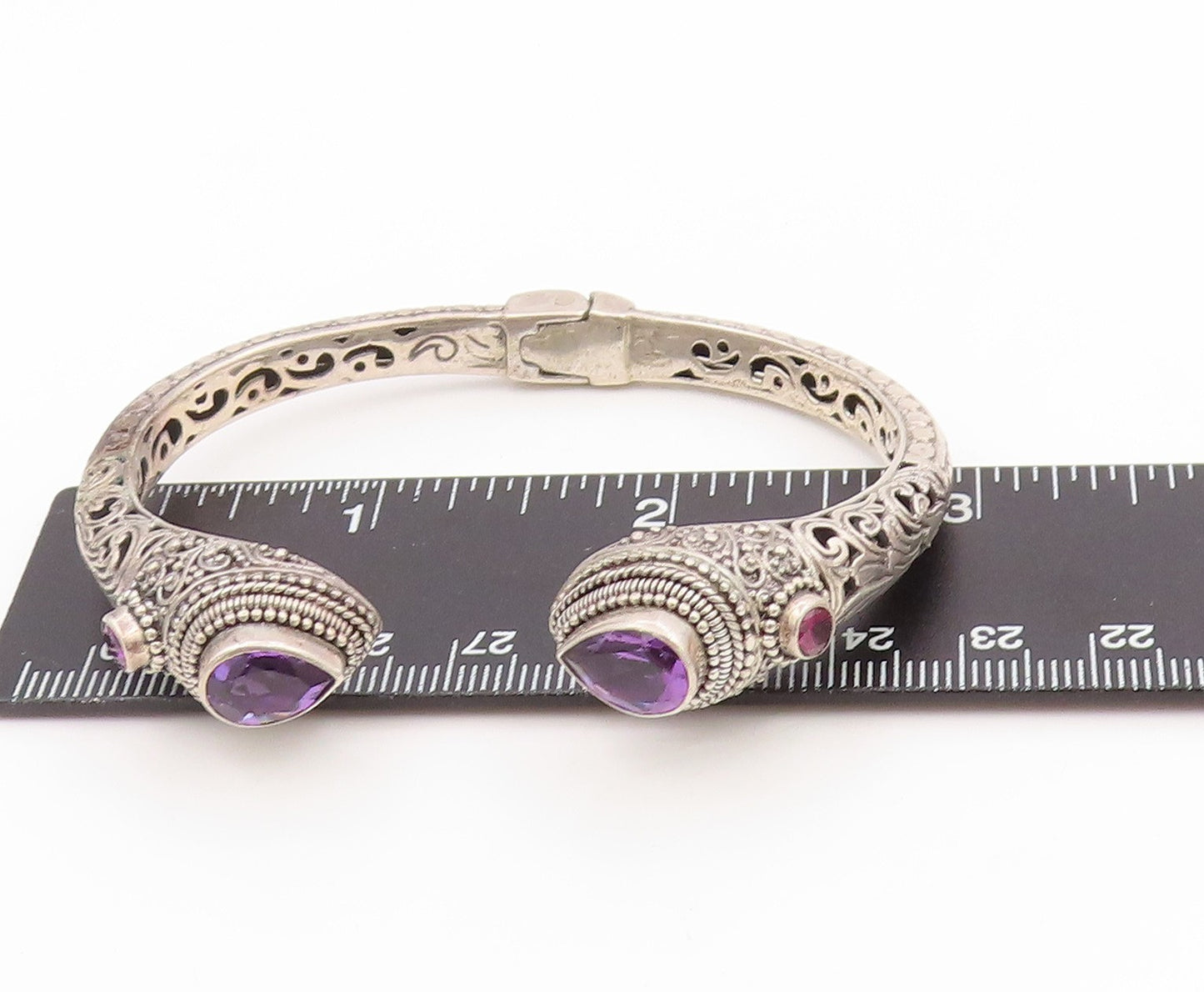 925 Sterling Silver Vintage Bracelet SARDA Amethyst Scrollwork Cuff  BT11768