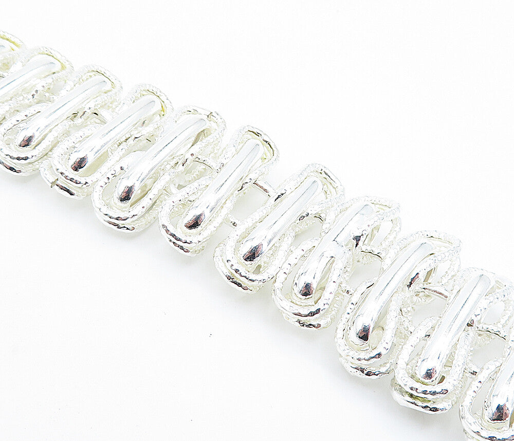 925 Sterling Silver  Shiny Polished Textured Link Chain Bracelet  BT2273