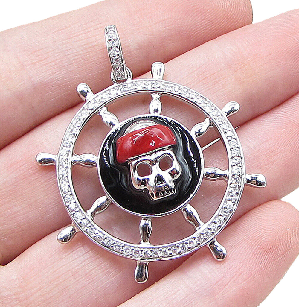 925 Sterling Silver  Cubic Zirconia Pirate Skull Wheel Drop Pendant  PT1411