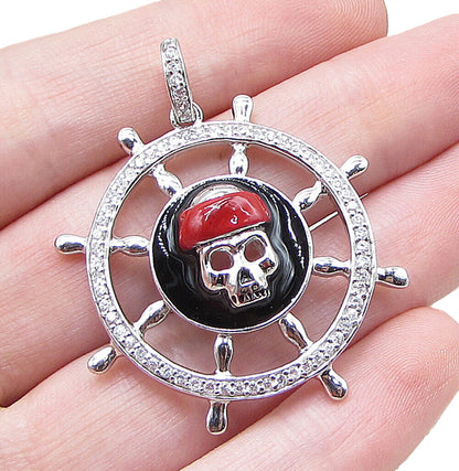 925 Sterling Silver  Cubic Zirconia Pirate Skull Wheel Drop Pendant  PT1411