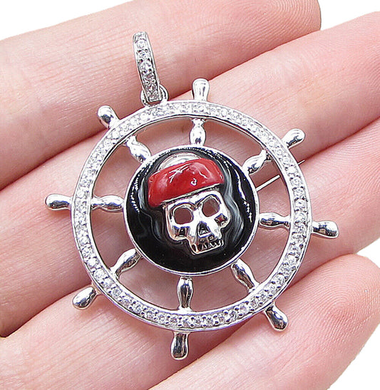 925 Sterling Silver  Cubic Zirconia Pirate Skull Wheel Drop Pendant  PT1411