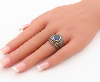 925 Sterling Silver Vintage Carved 1976 High School Sapphire  Sz 7.5  RG31029