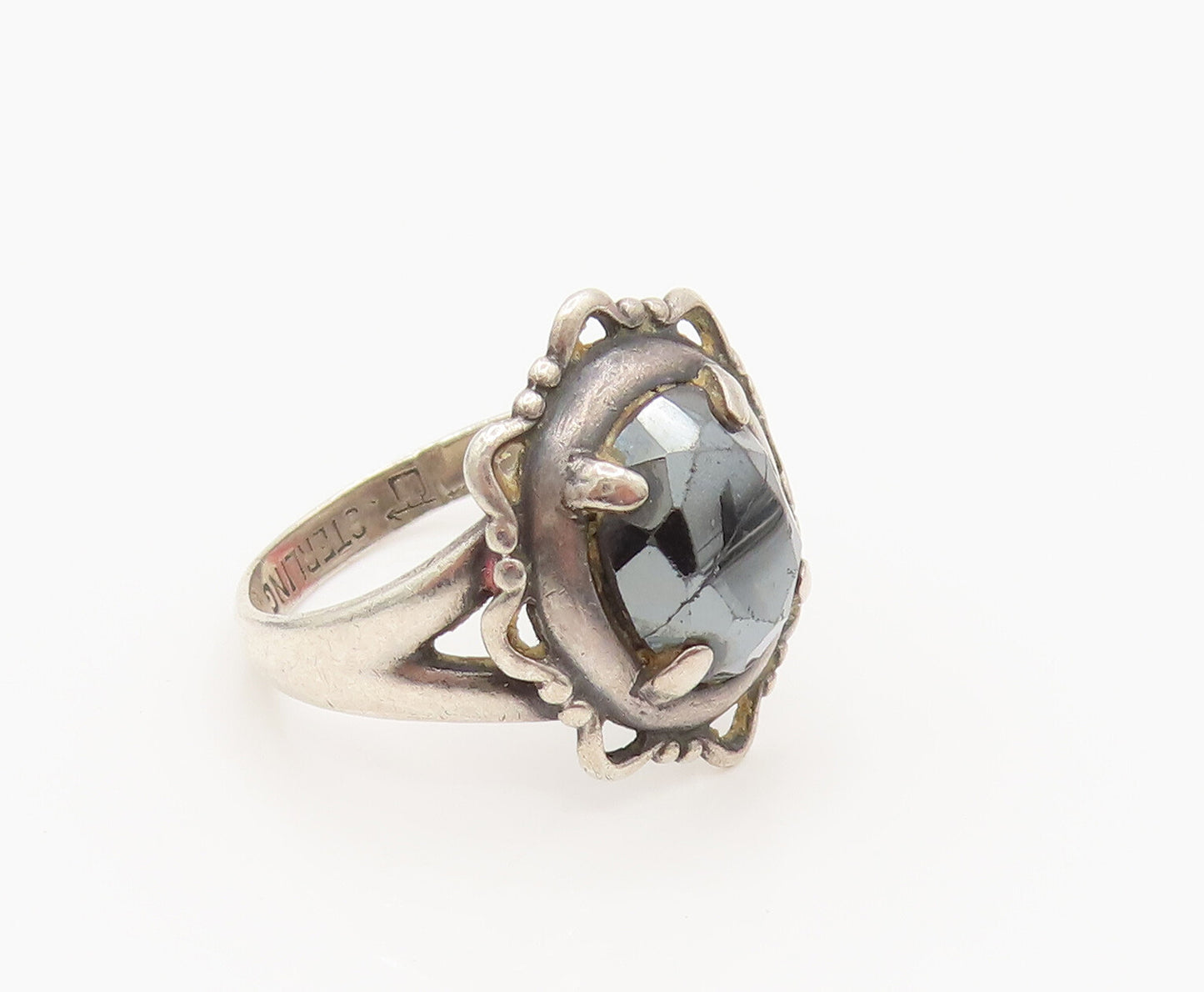 POST BELL 925 Silver  Vintage Star Edge Faceted Hematite Ring Sz 6  RG26258