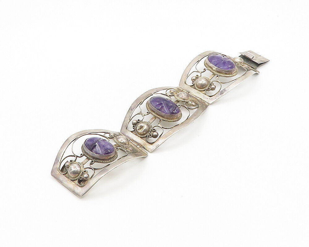 MEXICO 925 Silver  Vintage Antique Face Carved Amethyst Chain Bracelet  BT7302