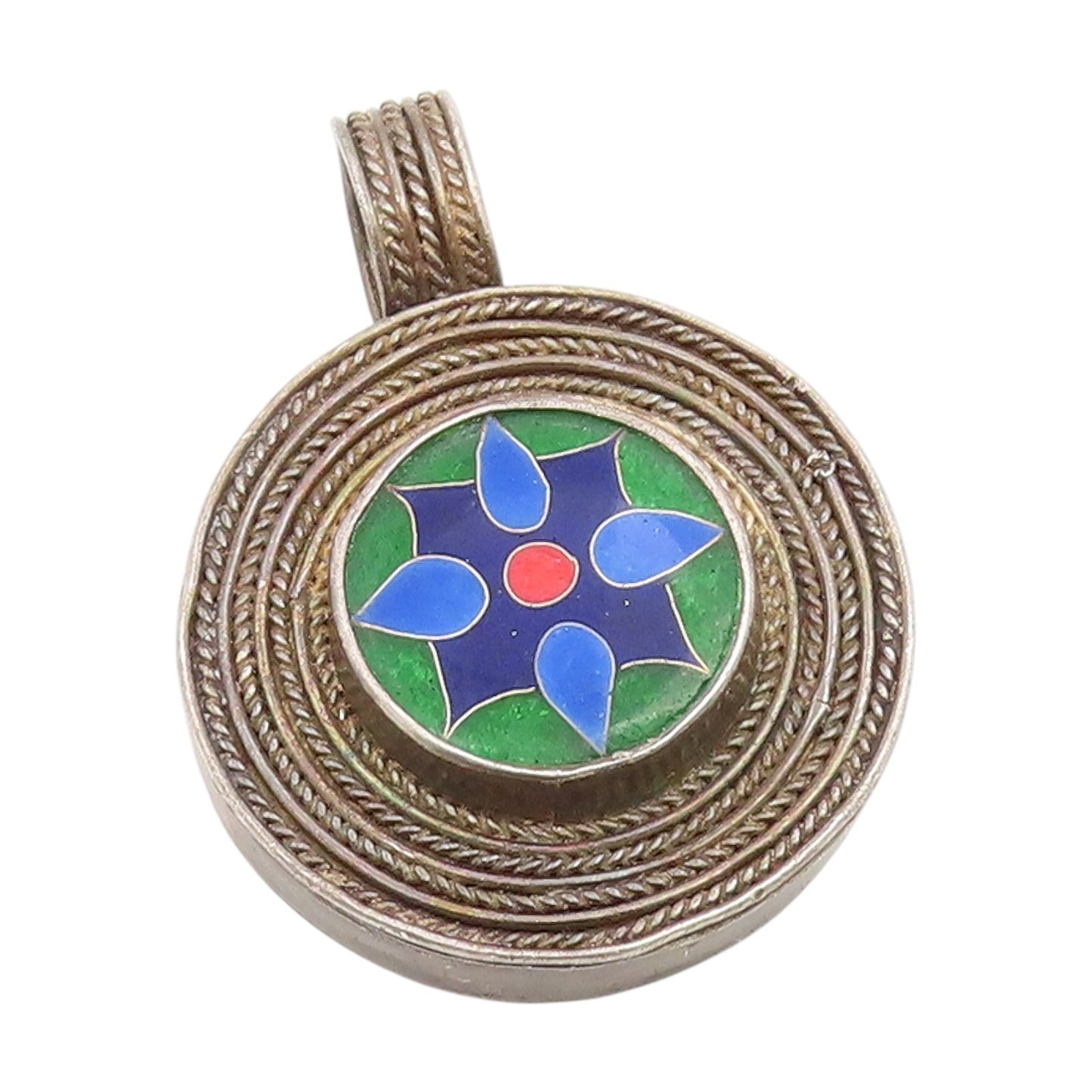 925 Sterling Silver Vintage Pendant Enamel Floral Design Medallion  PT25959