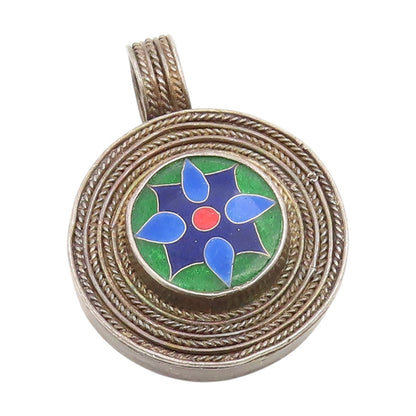 925 Sterling Silver Vintage Pendant Enamel Floral Design Medallion  PT25959