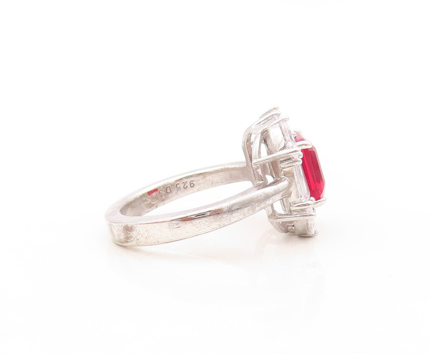 925 Sterling Silver Vintage Ring Square Red Halo White CZ Frame  Sz 7  RG30261