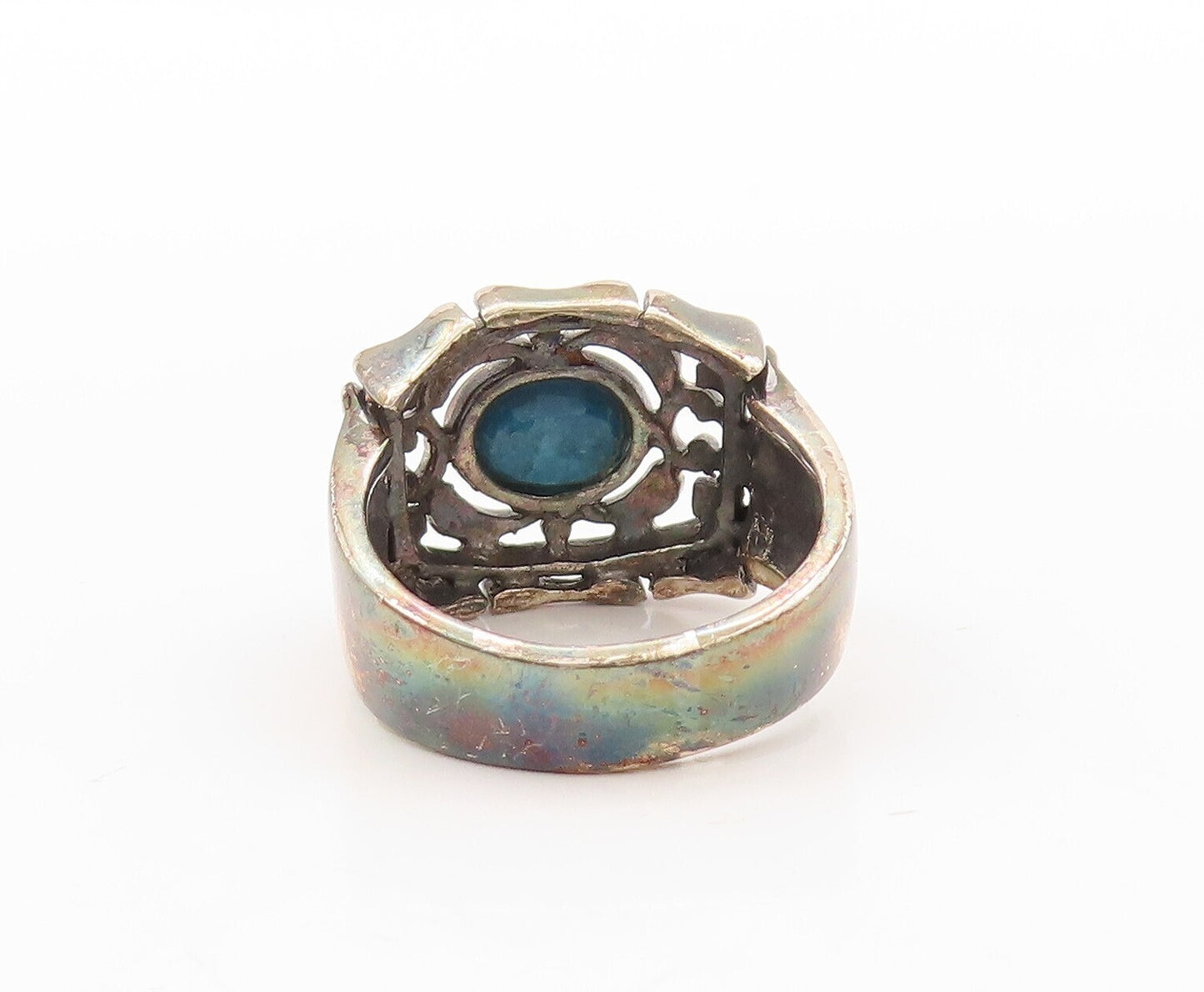 925 Sterling Silver Vintage Ring Brutalist Carved Oval Gemstone   Sz 8  RG30925