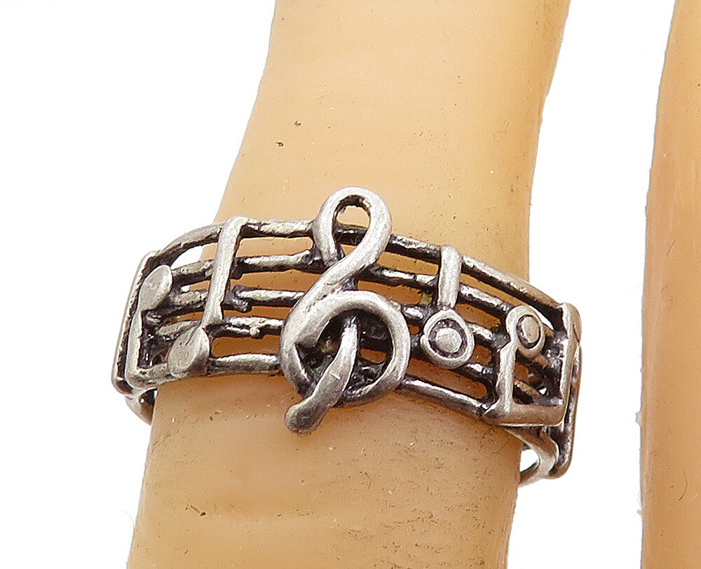 925 Sterling Silver Vintage Treble Clef Music Notes Band Ring Sz 5.5 RG6009