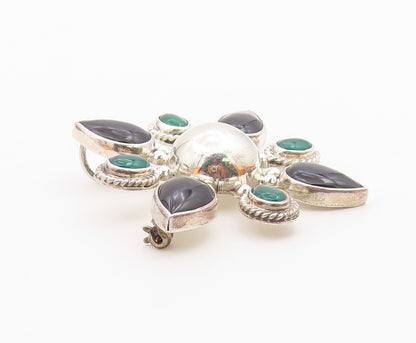 MEXICO 925 Silver  Vintage Black Onyx & Carnelian Floral Brooch Pin  BP5075