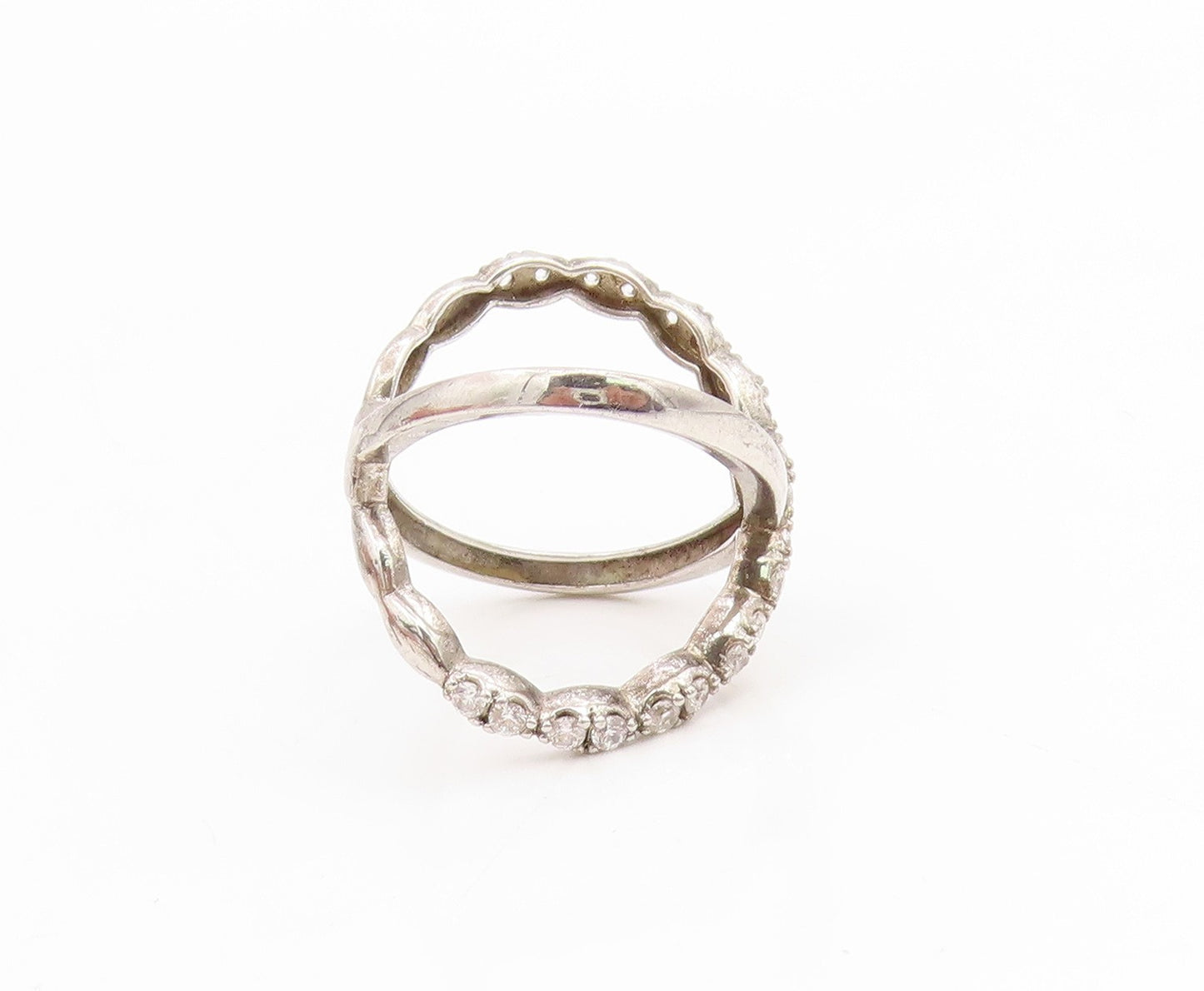 925 Sterling Silver Vintage Ring Modernist CZ Criss Cross Band  Sz 7  RG34878