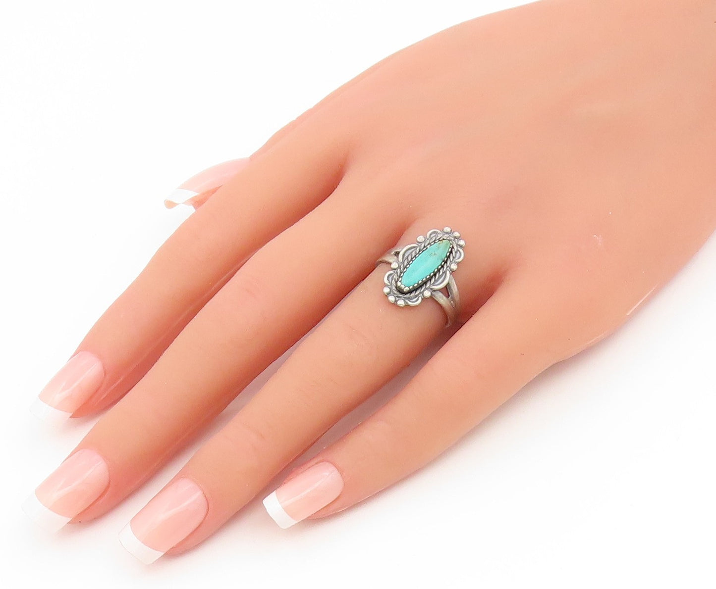 925 Sterling Silver Vintage Ring POST BELL Oval Turquoise Band  Sz 6.5  RG35122