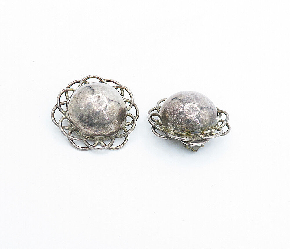 MEXICO 925 Sterling Silver  Vintage Floral Dome Non Pierce Earrings  EG2801