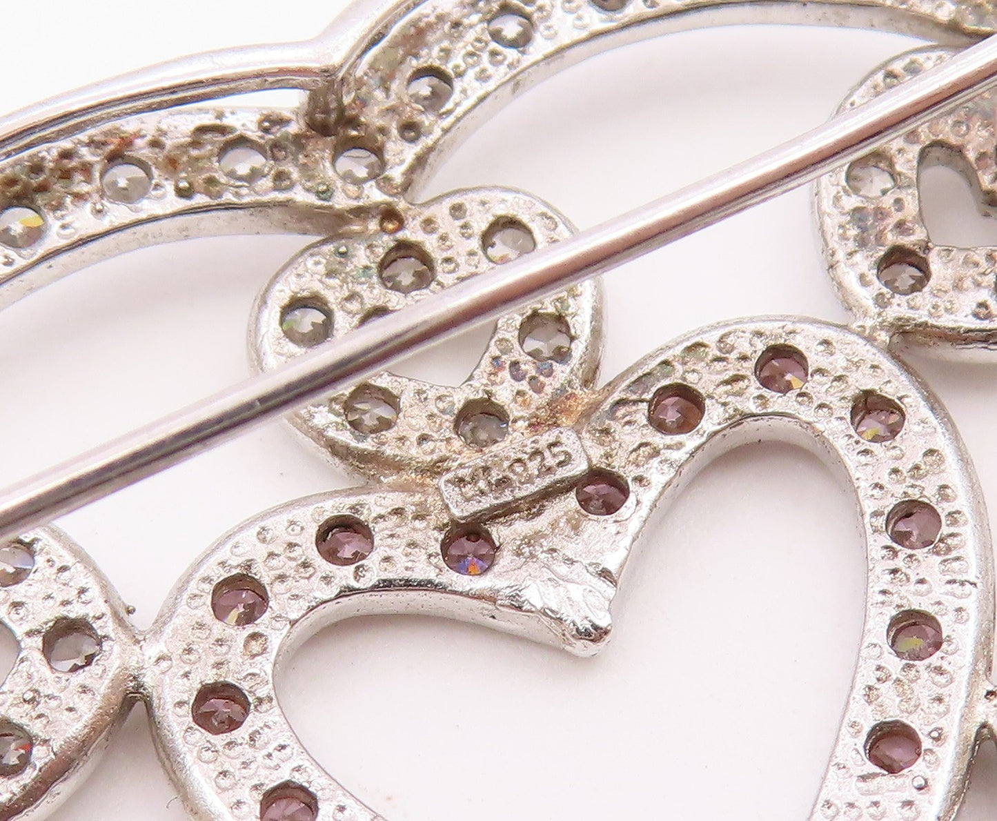 925 Sterling Silver  Pink & White Cubic Zirconia Love Heart Brooch Pin  BP5490