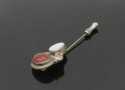 HEMMEL 925 Silver  Vintage Mother Of Pearl & Carnelian Lapel Pin  TR2975