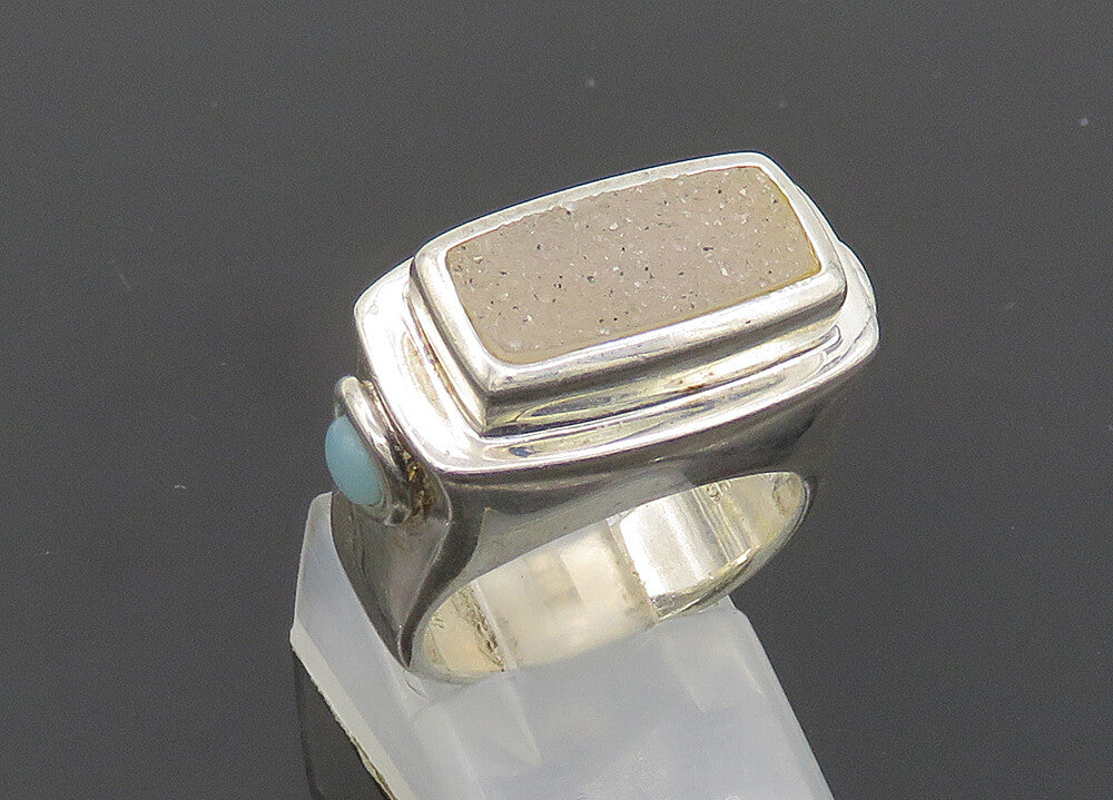 925 Sterling Silver  Vintage Druzy & Turquoise Square Band Ring Sz 6  RG20281