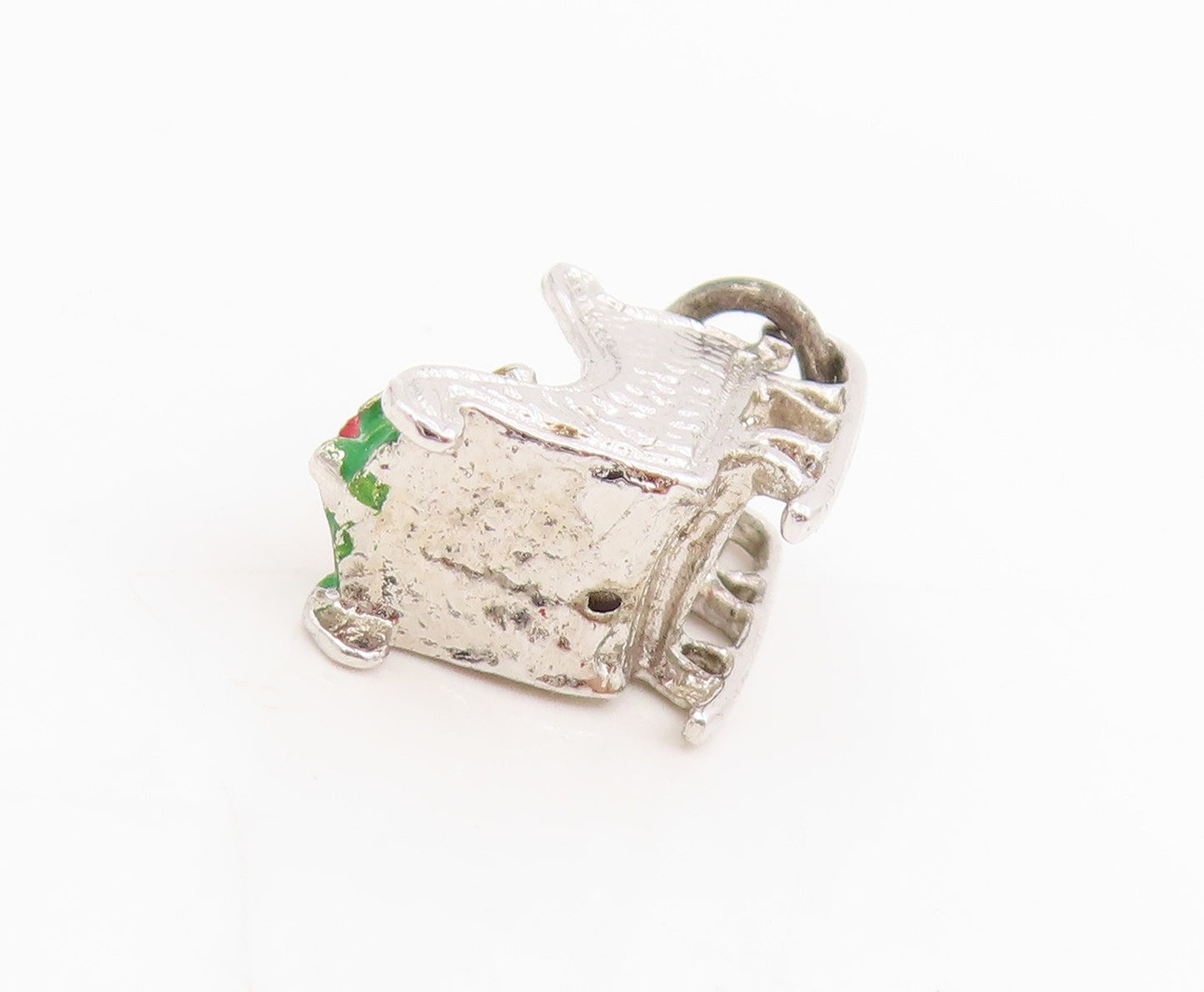 925 Sterling Silver Vintage Pendant Enameled Christmas Sleigh Charm  PT25456