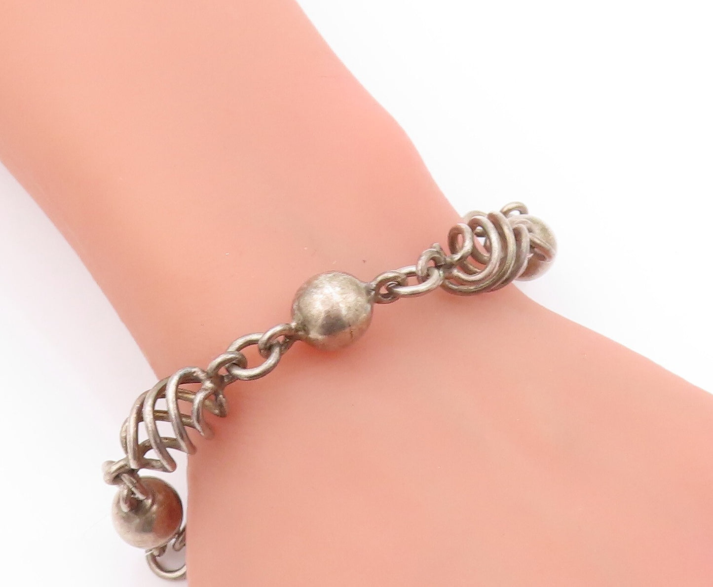 925 Sterling Silver Vintage Bracelet MEXICO Dark Tone Bead & Design Cut  BT11172