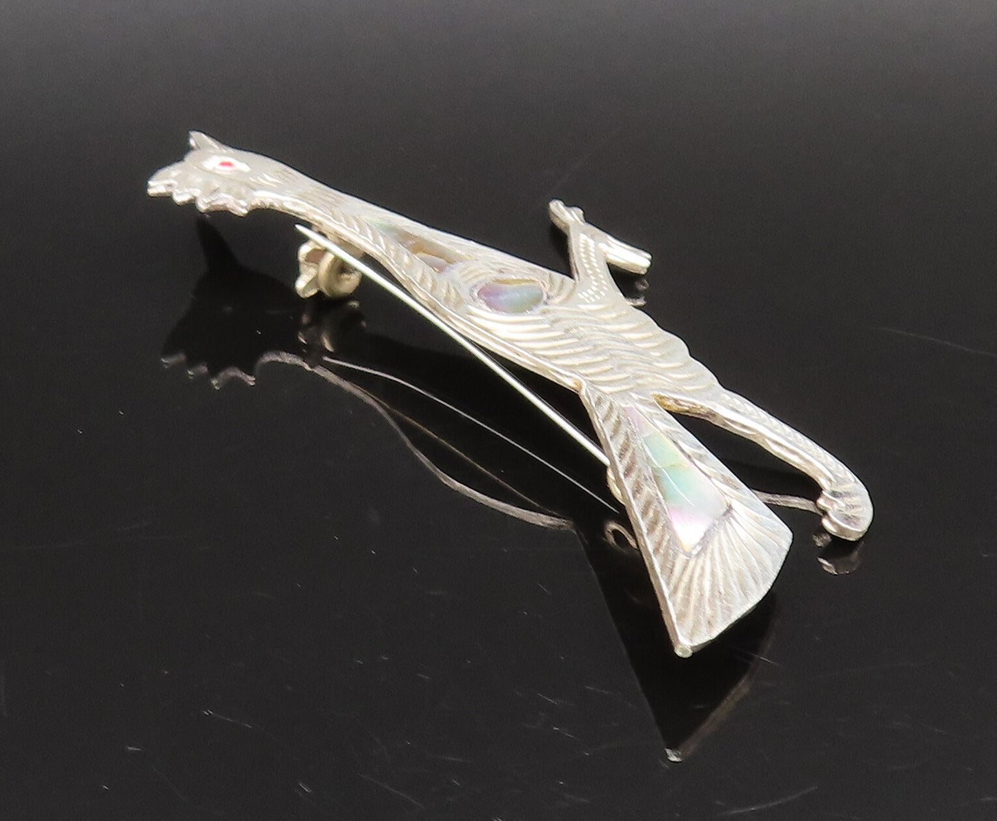 925 Silver  Vintage Etched Abalone Bird With Red Topaz Eye Brooch Pin  BP10062