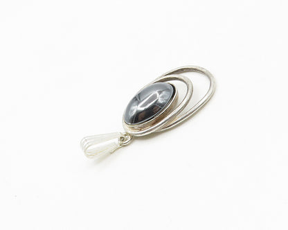 925 Sterling Silver  Vintage Cabochon Cut Hematite Shiny Pendant  PT13901