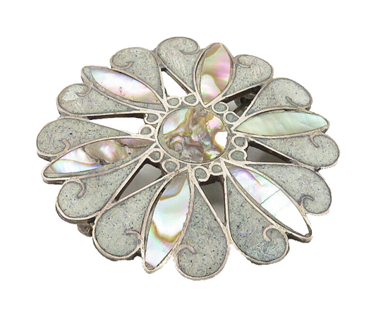 MEXICO 925 Sterling Silver  Vintage Abalone & Jasper Floral Brooch Pin  BP3738