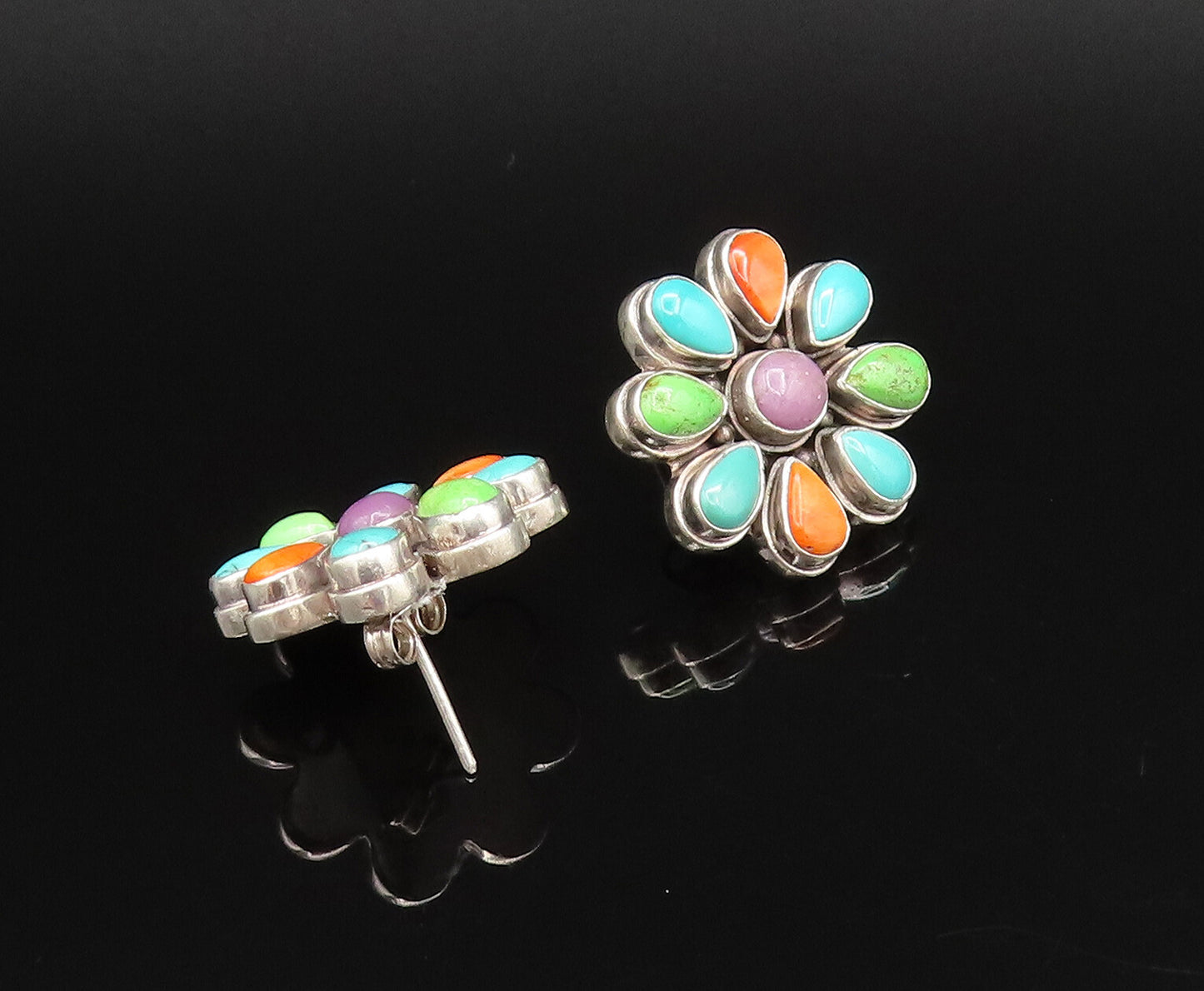 925 Silver  Vintage Turquoise Charoite & Spiny Flower Stud Earrings  EG12214