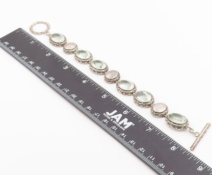 925 Sterling Silver Vintage Bracelet Green Amethyst Etched Oval Link  BT12188
