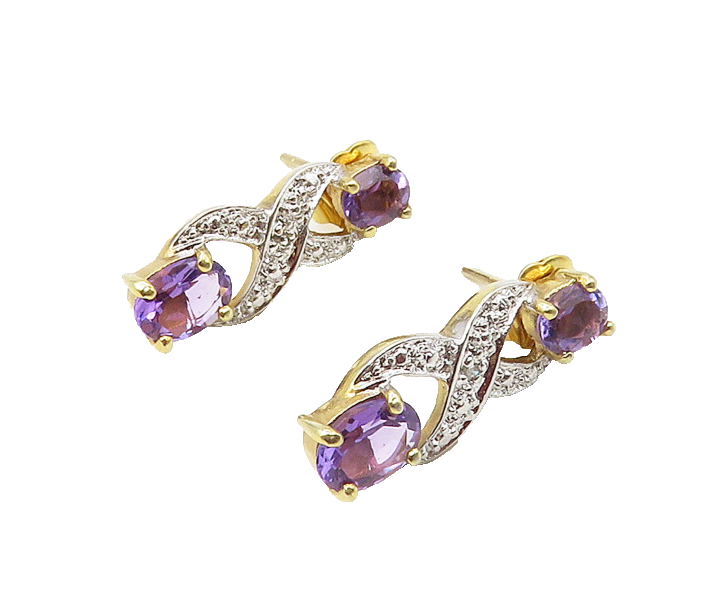 925 Sterling Silver  Amethyst & Genuine Diamonds Gold Plated Earrings  EG8871