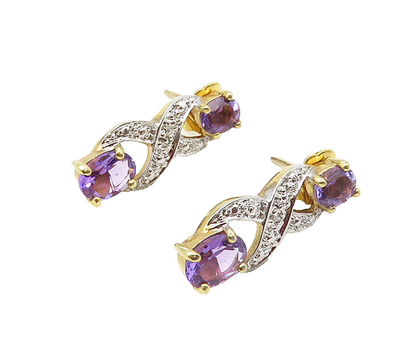 925 Sterling Silver  Amethyst & Genuine Diamonds Gold Plated Earrings  EG8871