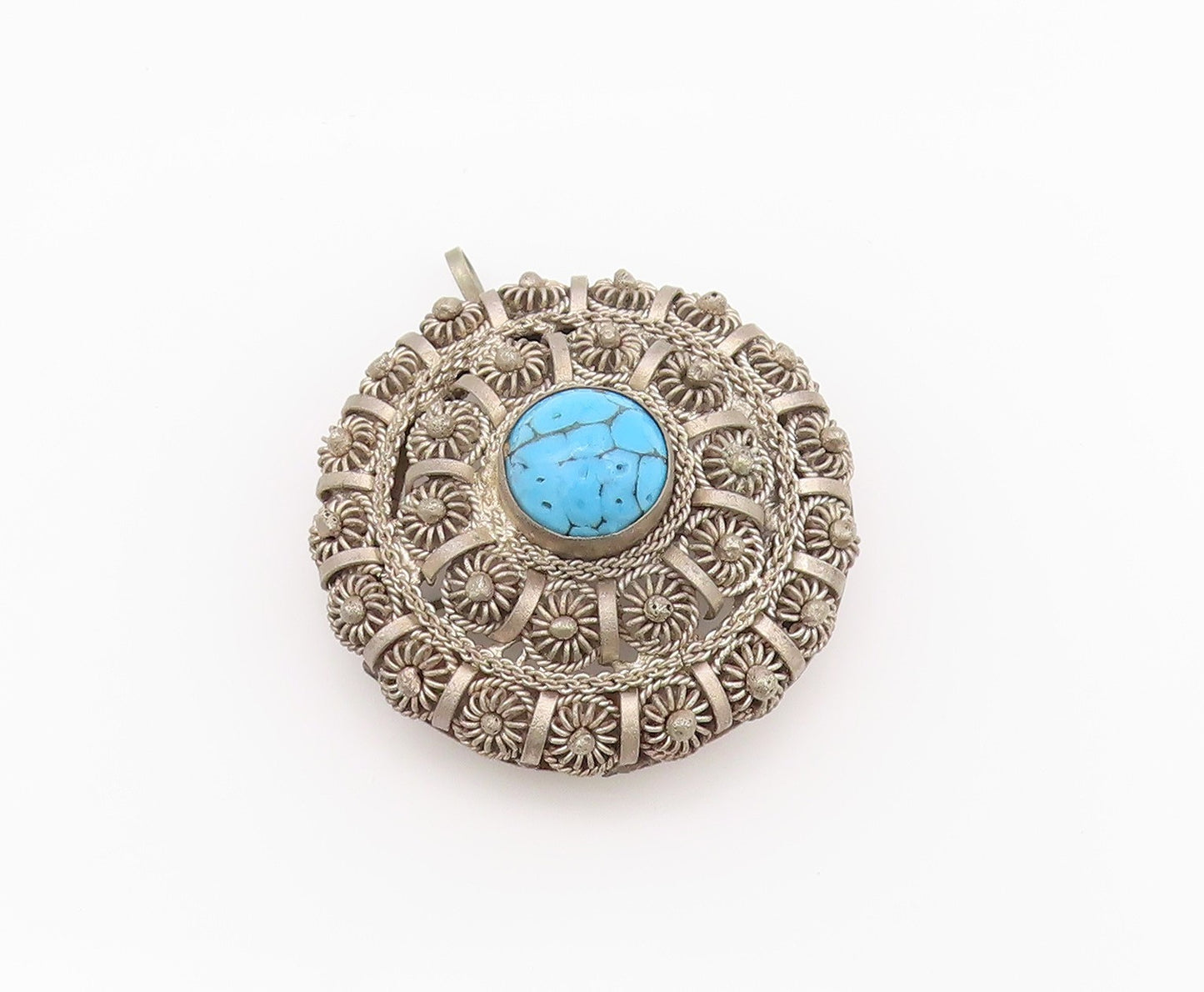 925 Sterling Silver Vintage Brooch Antique Turquoise Wire Work Flowers  BP11678