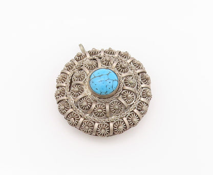 925 Sterling Silver Vintage Brooch Antique Turquoise Wire Work Flowers  BP11678