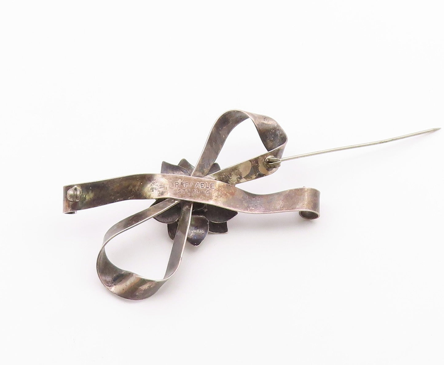 RAFFAELE 925 Silver  Vintage Dark Tone Floral Ribbon Bow Brooch Pin  BP4342