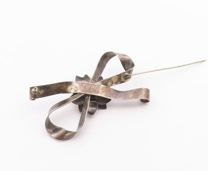 RAFFAELE 925 Silver  Vintage Dark Tone Floral Ribbon Bow Brooch Pin  BP4342