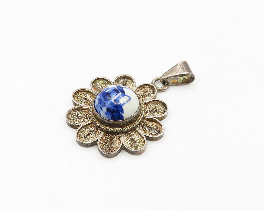 925 Sterling Silver  Vintage Enamel Windmill Filigree Flower Pendant  PT14703