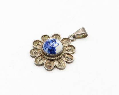 925 Sterling Silver  Vintage Enamel Windmill Filigree Flower Pendant  PT14703