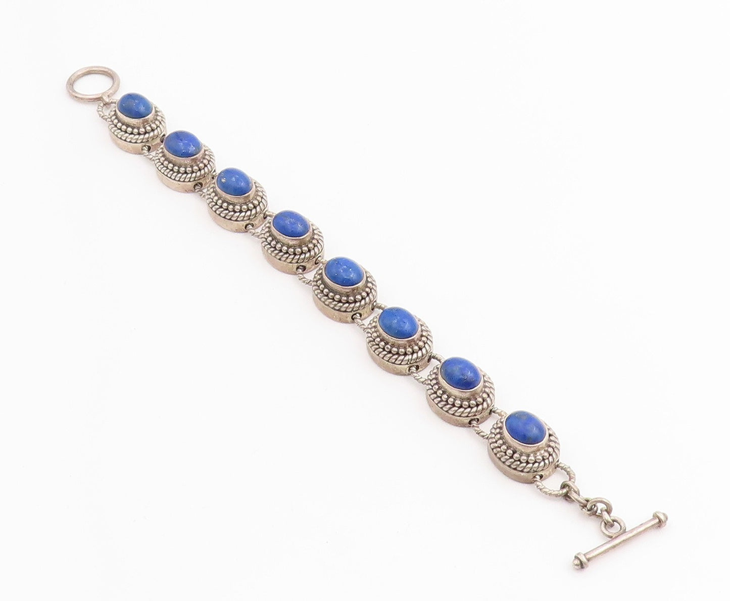 925 Sterling Silver Vintage Bracelet Cabochon Lapis Lazuli Beaded Chain  BT11437