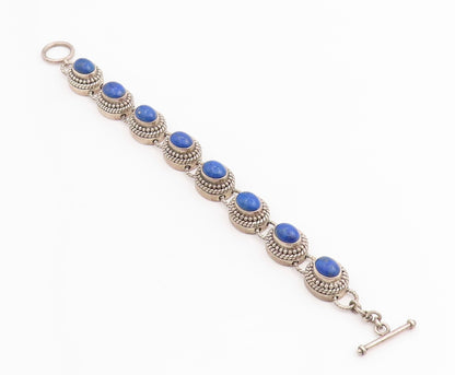 925 Sterling Silver Vintage Bracelet Cabochon Lapis Lazuli Beaded Chain  BT11437