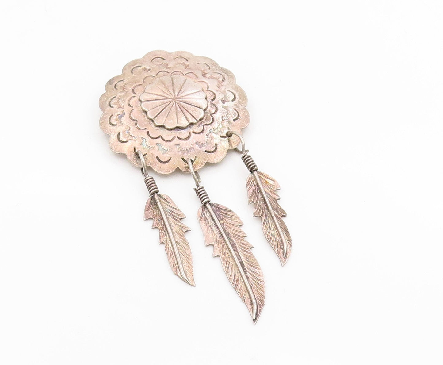 925 Sterling Silver Vintage Brooch Etched Concho Dangling Feather Pin  BP12116