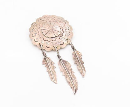 925 Sterling Silver Vintage Brooch Etched Concho Dangling Feather Pin  BP12116