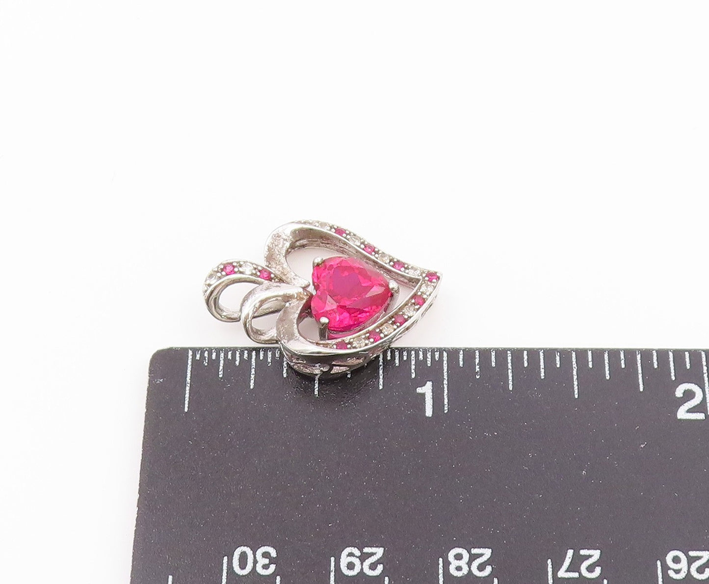 925 Sterling Silver  Vintage Pink & White Topaz Love Heart Pendant  PT16545