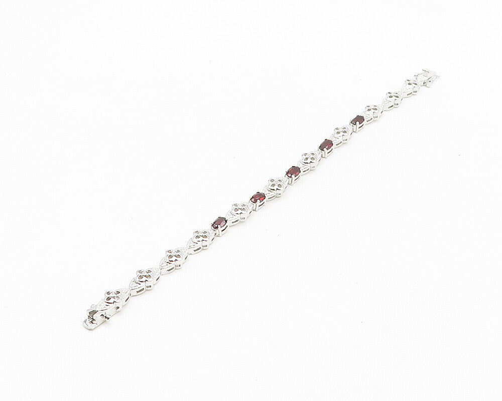 925 Sterling Silver  Genuine Diamond & Garnet Floral Chain Bracelet  BT7269