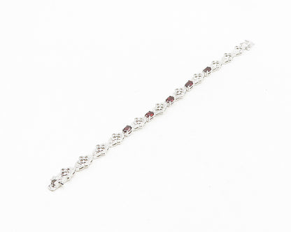 925 Sterling Silver  Genuine Diamond & Garnet Floral Chain Bracelet  BT7269