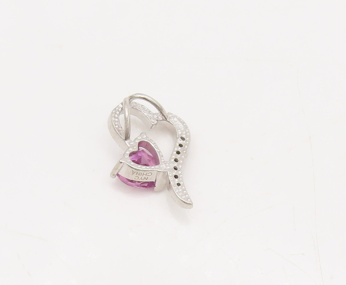 925 Sterling Silver Vintage Pendant Heart Cut Pink Topaz & Beaded Heart  PT22602