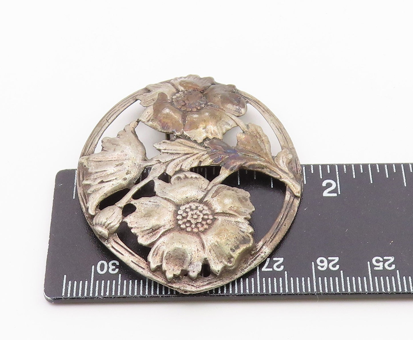 925 Sterling Silver  Vintage Antique Dark Tone Flowers Brooch Pin  BP3937