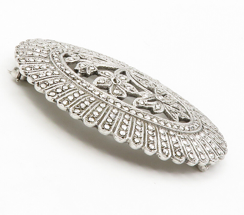 925 Sterling Silver  Vintage Sparkling Floral Motif Oval Brooch Pin  BP5794