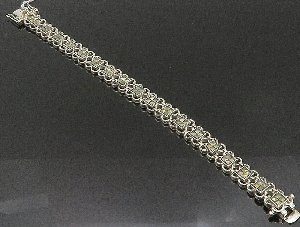 925 Sterling Silver  Marcasite Linked Floral Tennis Bracelet  BT1012