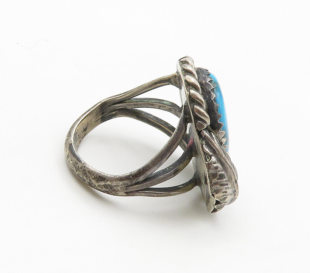 NAVAJO 925 Sterling Silver Vintage Turquoise Floral Leaf Ring Sz 4.5  RG16105