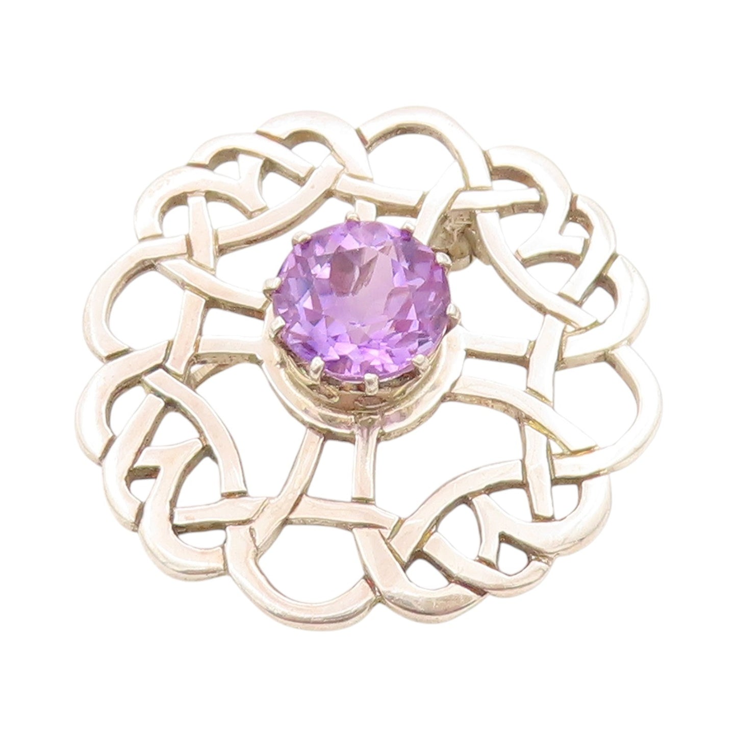 925 Sterling Silver Vintage Brooch Faceted Amethyst Celtic Cut Out Pin  BP11845