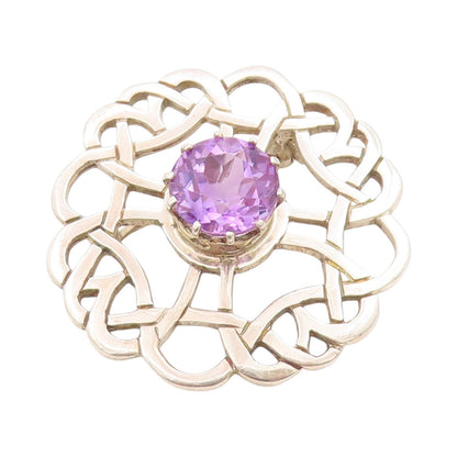 925 Sterling Silver Vintage Brooch Faceted Amethyst Celtic Cut Out Pin  BP11845