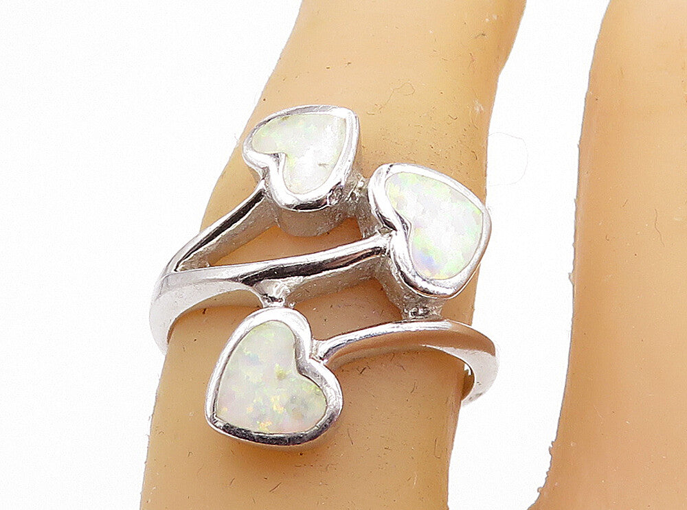 925 Sterling Silver Fire Opal Love Hearts Bypass Band Ring Sz 6.5 RG7923